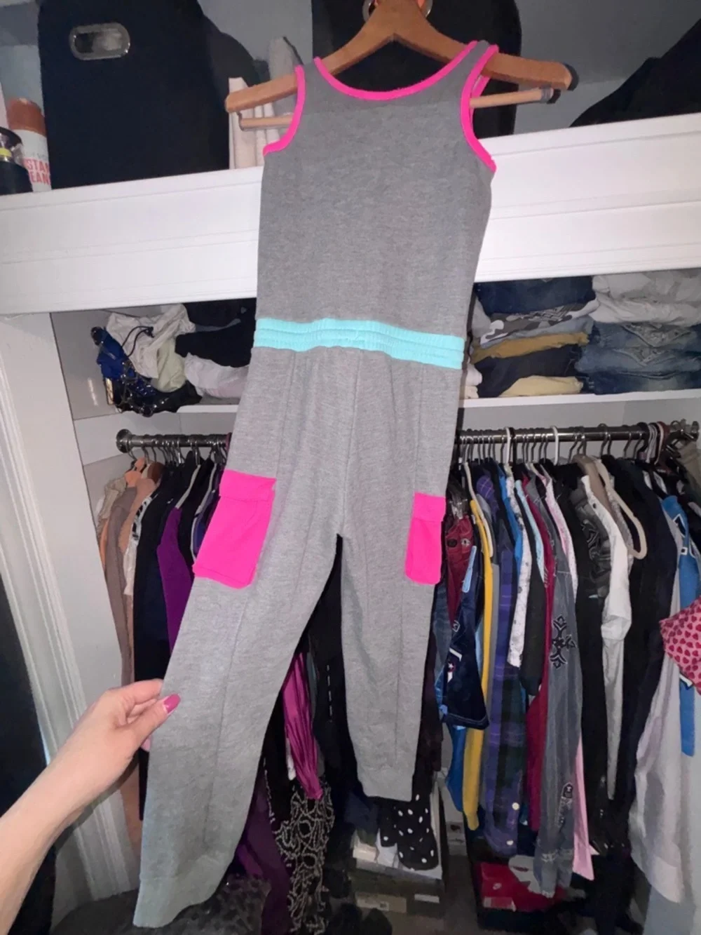 Nike Girls Sportswear Cargo Jumpsuit - Grey Pink Teal Colorblock Sz L or 6X